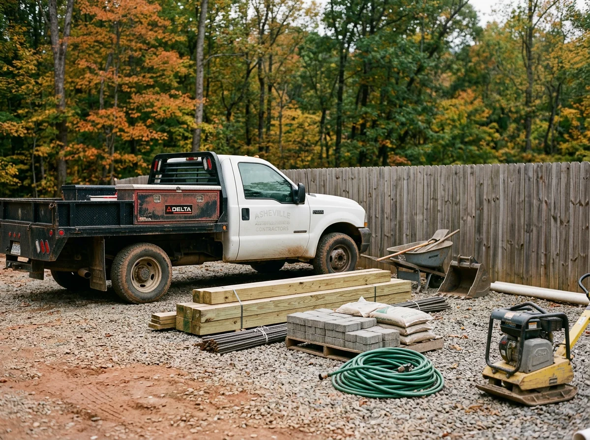 Exterior view of a contractor work area with tools, materials, and a truck staged for a residential job. No people are visible in the scene.