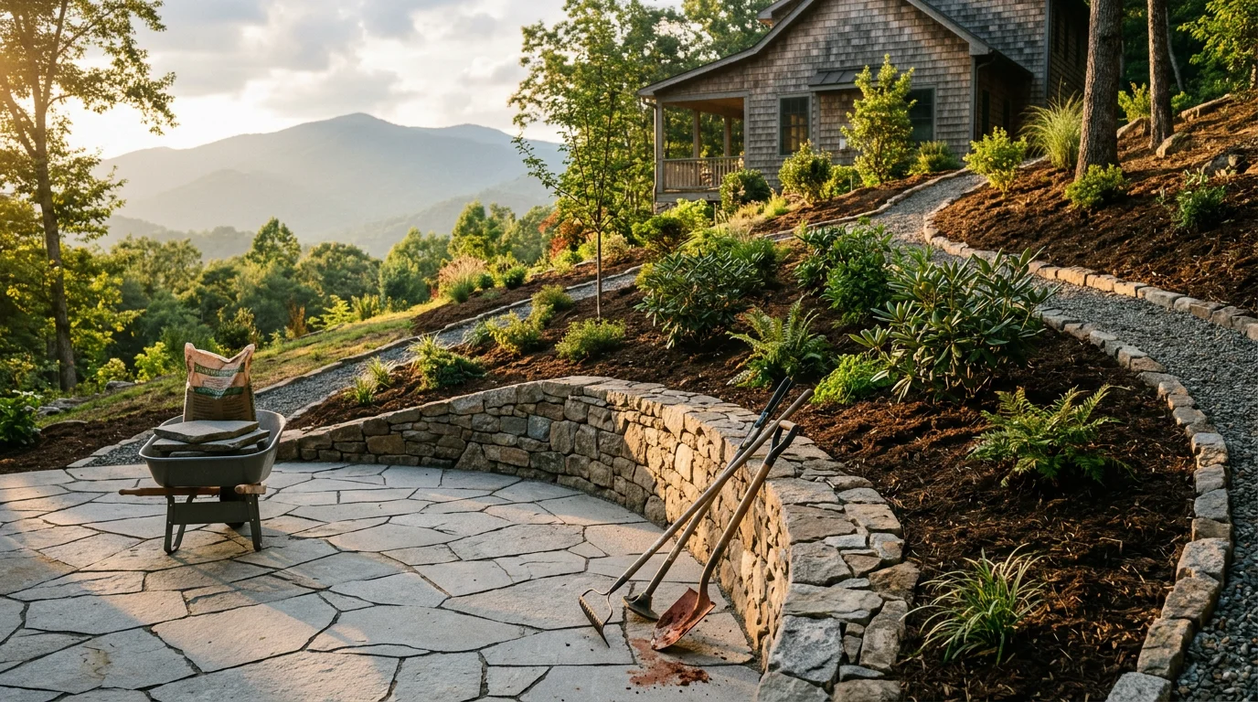 Red Stag Contracting crew grading and building a stone retaining wall on a sloped yard in Asheville, North Carolina