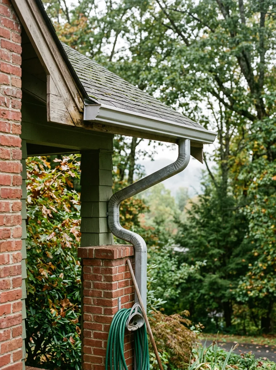 Close-up of a gutter cleaning service on an older craftsman bungalow in West Asheville, NC, showing leaf debris removal from a wood-fascia roofline.