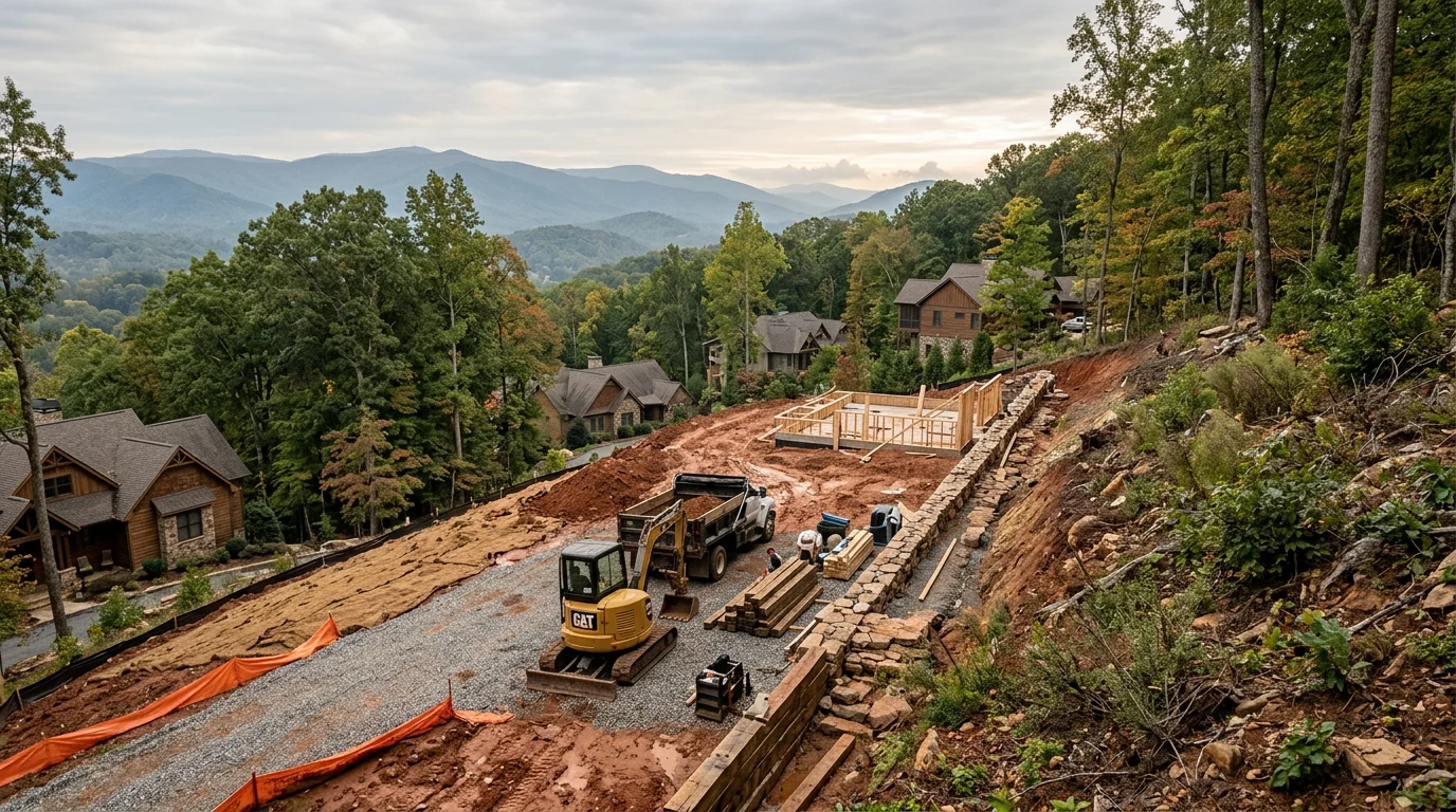 A contractor performing grading work on a steep residential lot in Asheville, NC, with Blue Ridge Mountain ridgelines visible in the background.