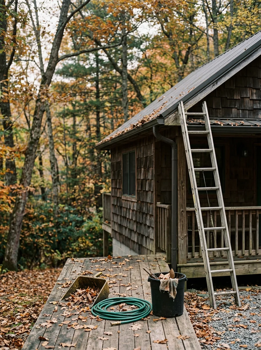 A contractor cleaning gutters on an older wood-sided mountain cabin in Black Mountain, NC, with heavy tree canopy visible above the roofline.