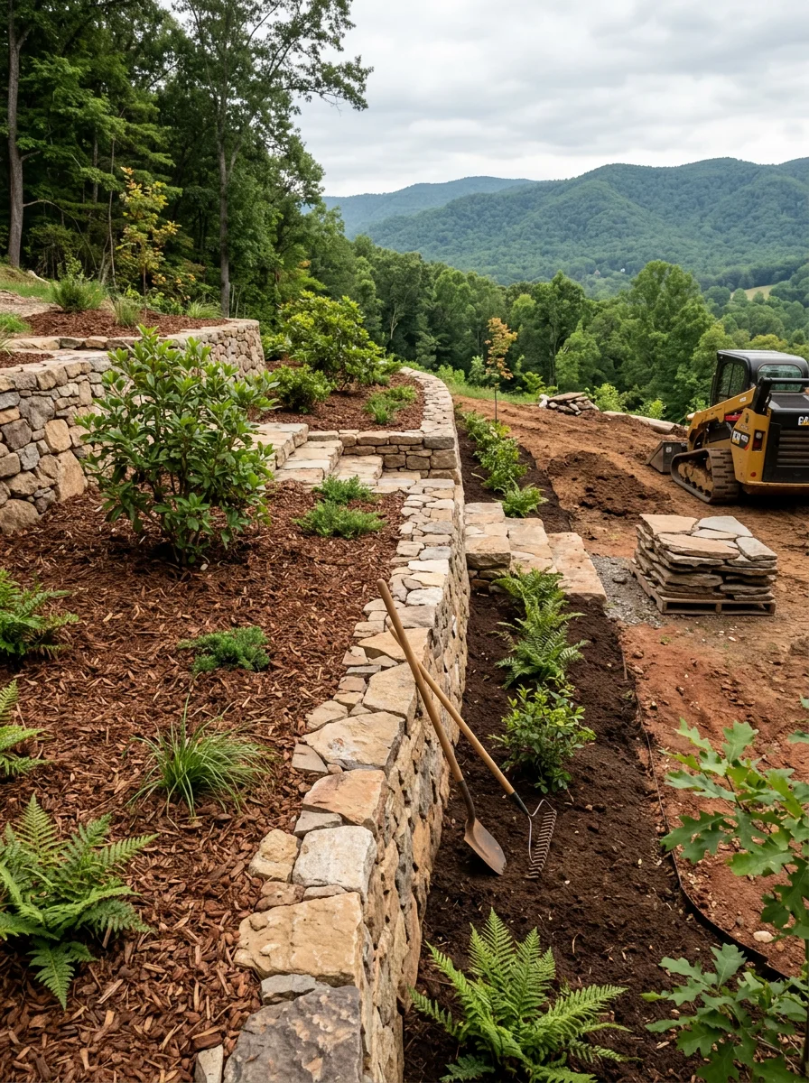 A landscaped terraced yard on a Weaverville, NC property showing graded planting beds and a stone retaining wall on a valley-edge lot.