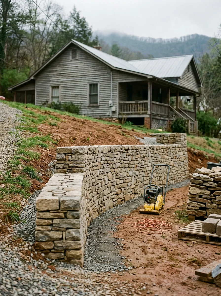 A hardscape retaining wall under construction on a sloped backyard lot in West Asheville, NC, with a bungalow visible in the background.