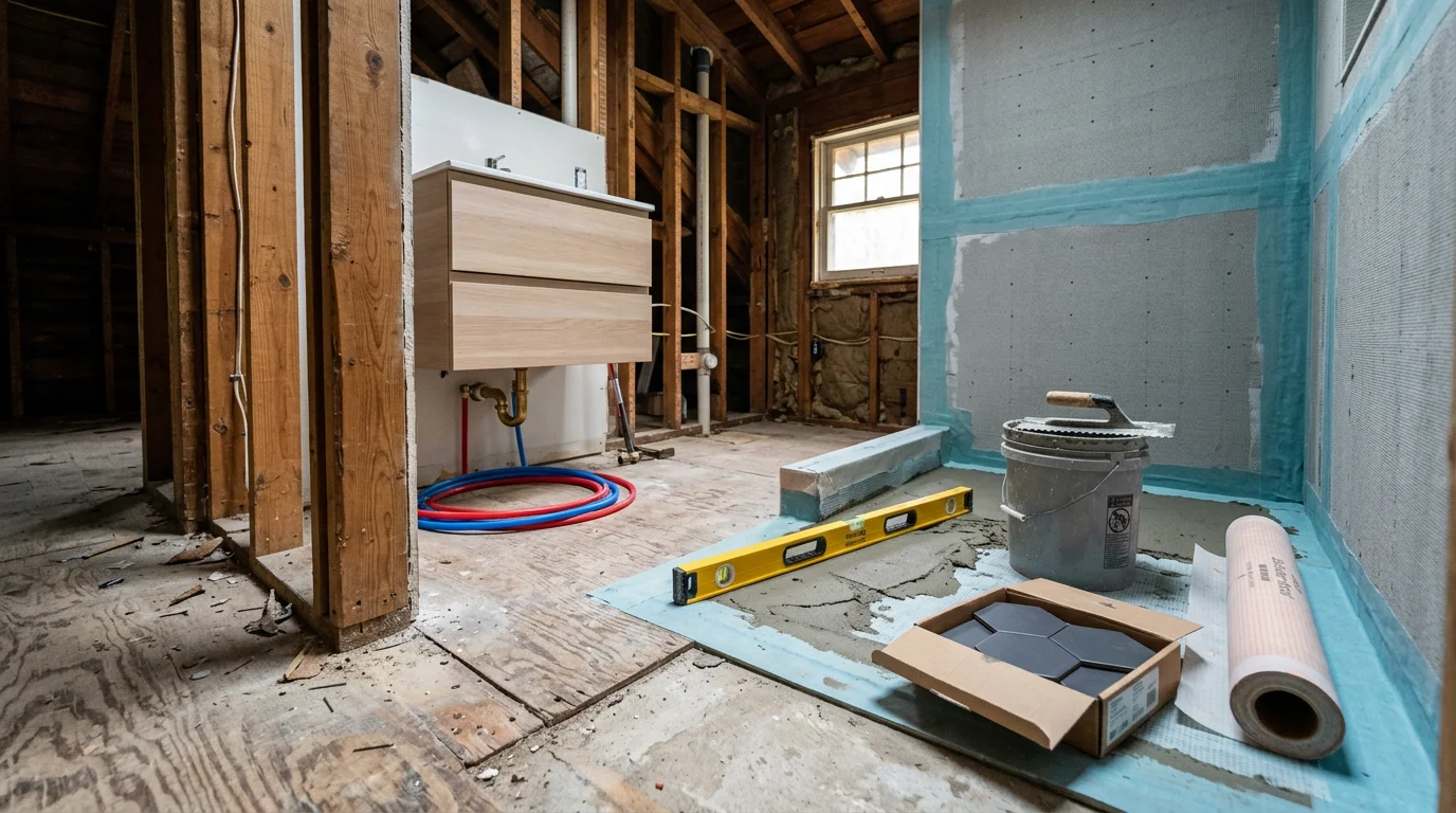 A finished bathroom remodel in an Asheville, North Carolina home, showing a curbless walk-in shower with porcelain tile walls, a quartz-top vanity with new cabinetry, and updated fixtures. The space reflects a full gut renovation typical of older Buncombe County homes updated for modern use.