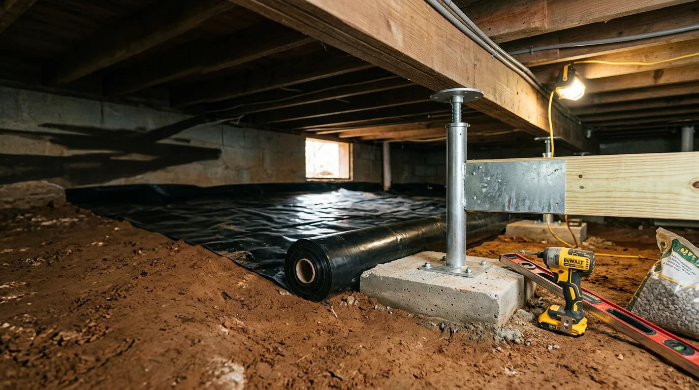 A crawl space beneath an Asheville, North Carolina home showing repaired support beams and a dry, stabilized foundation area. The image shows clean structural supports with no visible sagging or moisture damage after crawl space foundation repair work.