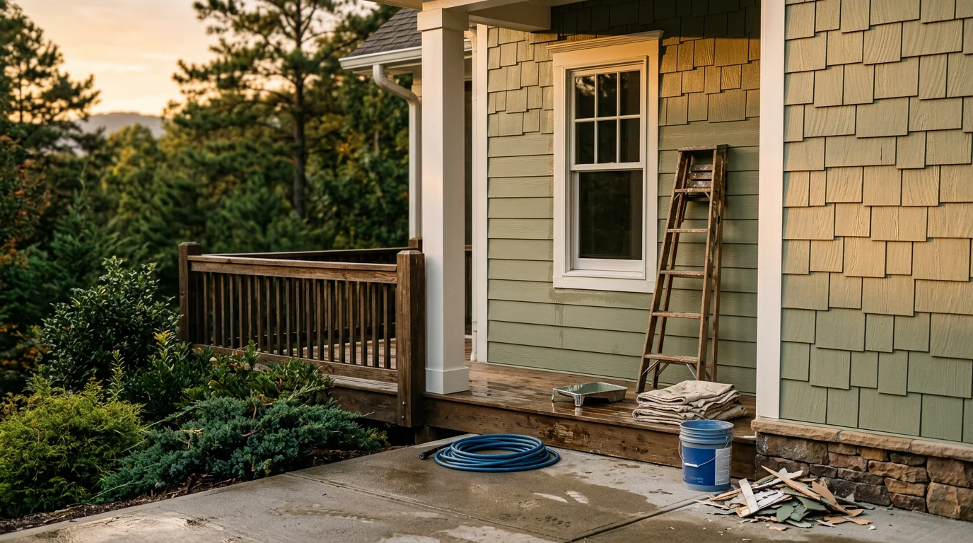 A two-story residential home in Asheville, North Carolina with freshly painted wood siding and white trim against a backdrop of Blue Ridge Mountain foliage. A painter applies a topcoat to the exterior fascia board during a clear-sky fall afternoon.