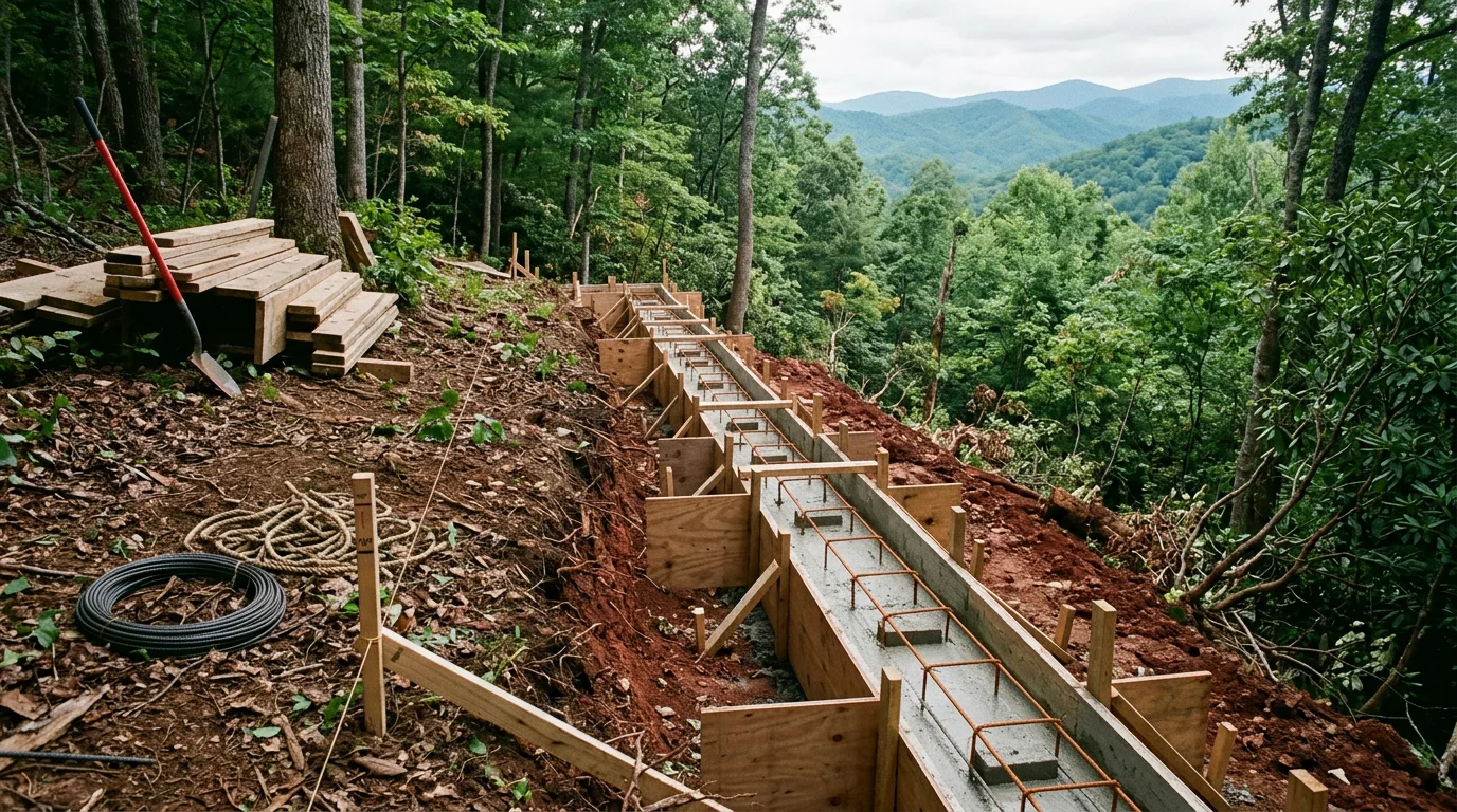 Freshly poured concrete footer trench with rebar reinforcement on a sloped residential lot in Asheville, North Carolina. The stepped footer sections follow the hillside grade, ready for a CMU block wall foundation.