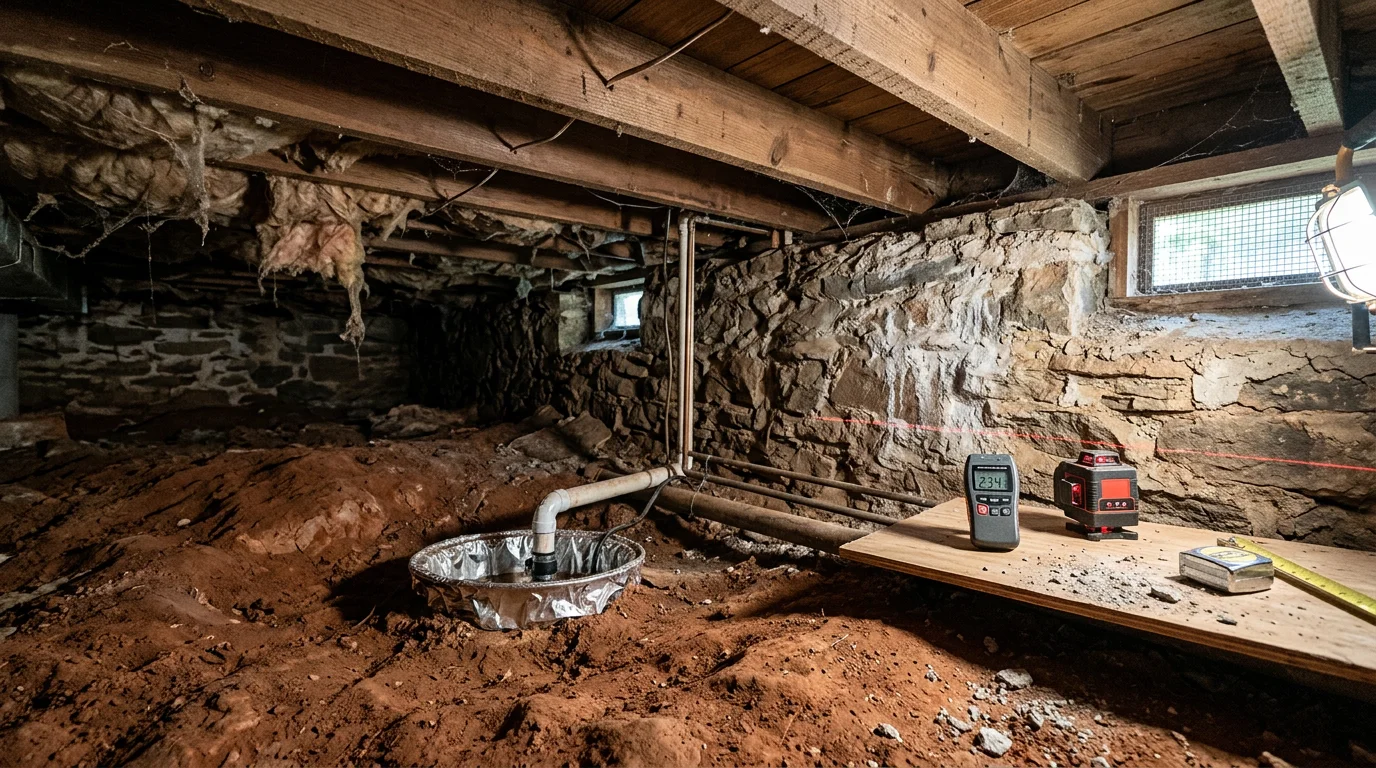 A contractor inspecting a crawl space foundation beneath an Asheville, North Carolina home, examining concrete walls for cracks and signs of moisture damage. The surrounding terrain reflects the area's hilly, clay-soil conditions typical of the Blue Ridge Mountain region.