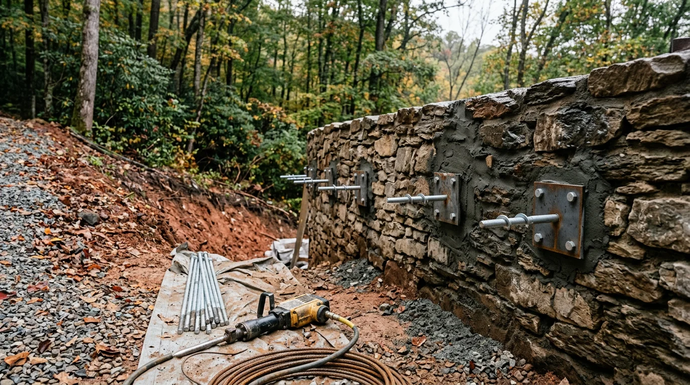 A repaired foundation wall on an Asheville, North Carolina home showing stabilized masonry and closed structural cracks. The surrounding clay soil and sloped lot reflect the mountain terrain typical of the area.