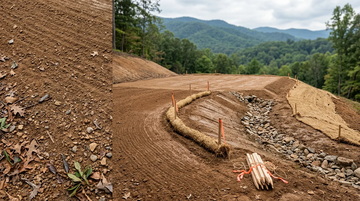 A motor grader reshaping a sloped residential lot in Asheville, North Carolina, with freshly moved red clay soil and mountain terrain visible in the background. The graded surface shows a smooth, even grade prepared for construction or landscaping.