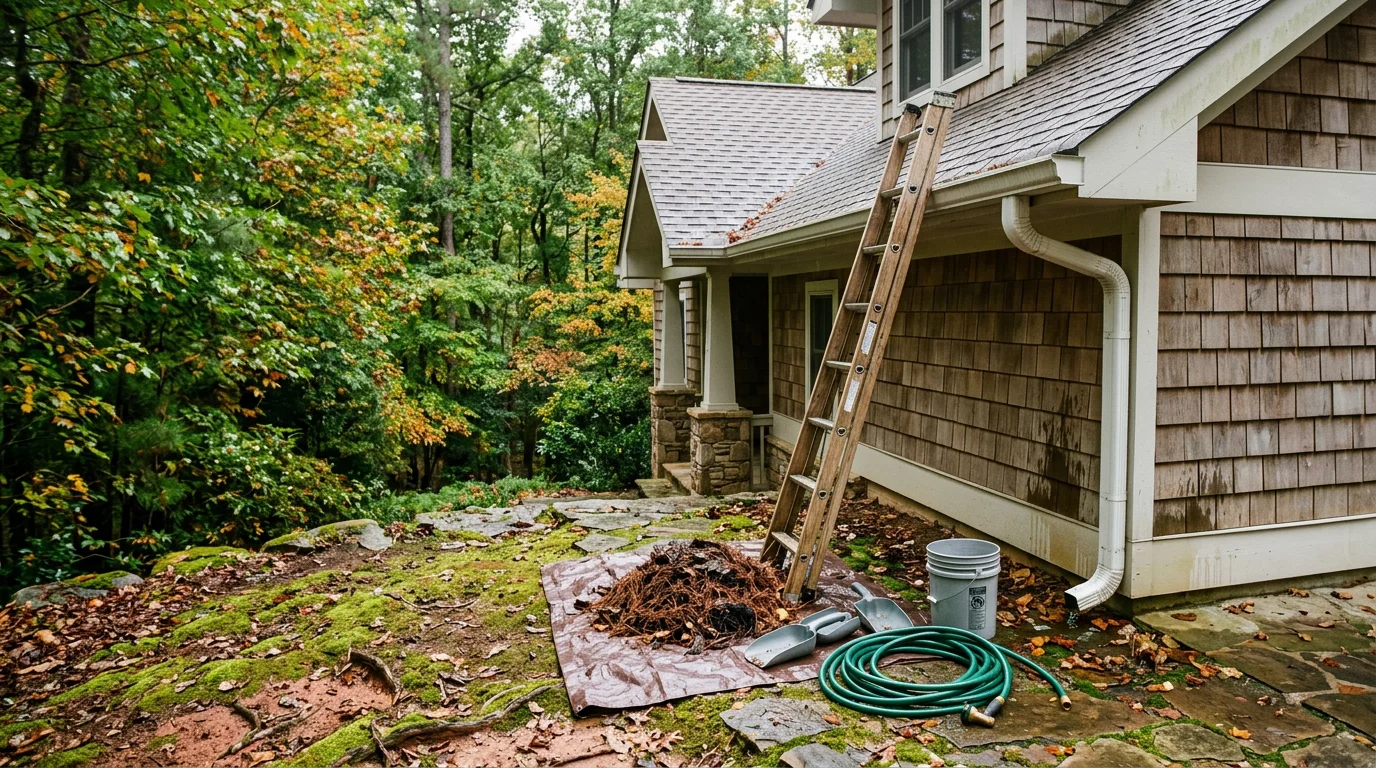 A gutter trough on an Asheville, North Carolina home filled with compacted oak leaves, pine needles, and seed pods being cleared by a technician on a ladder positioned on a sloped mountain lot. The downspout at the corner of the house is visible, with debris removed and water flowing freely after cleaning.
