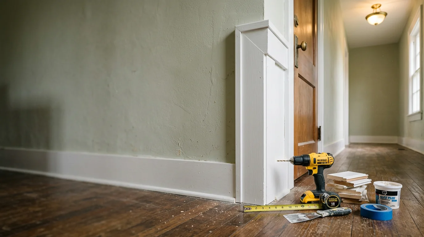 A handyman repairing wood trim and a door frame on an older craftsman-style home in Asheville, North Carolina. The work shows close detail on carpentry repair along the exterior of the house.