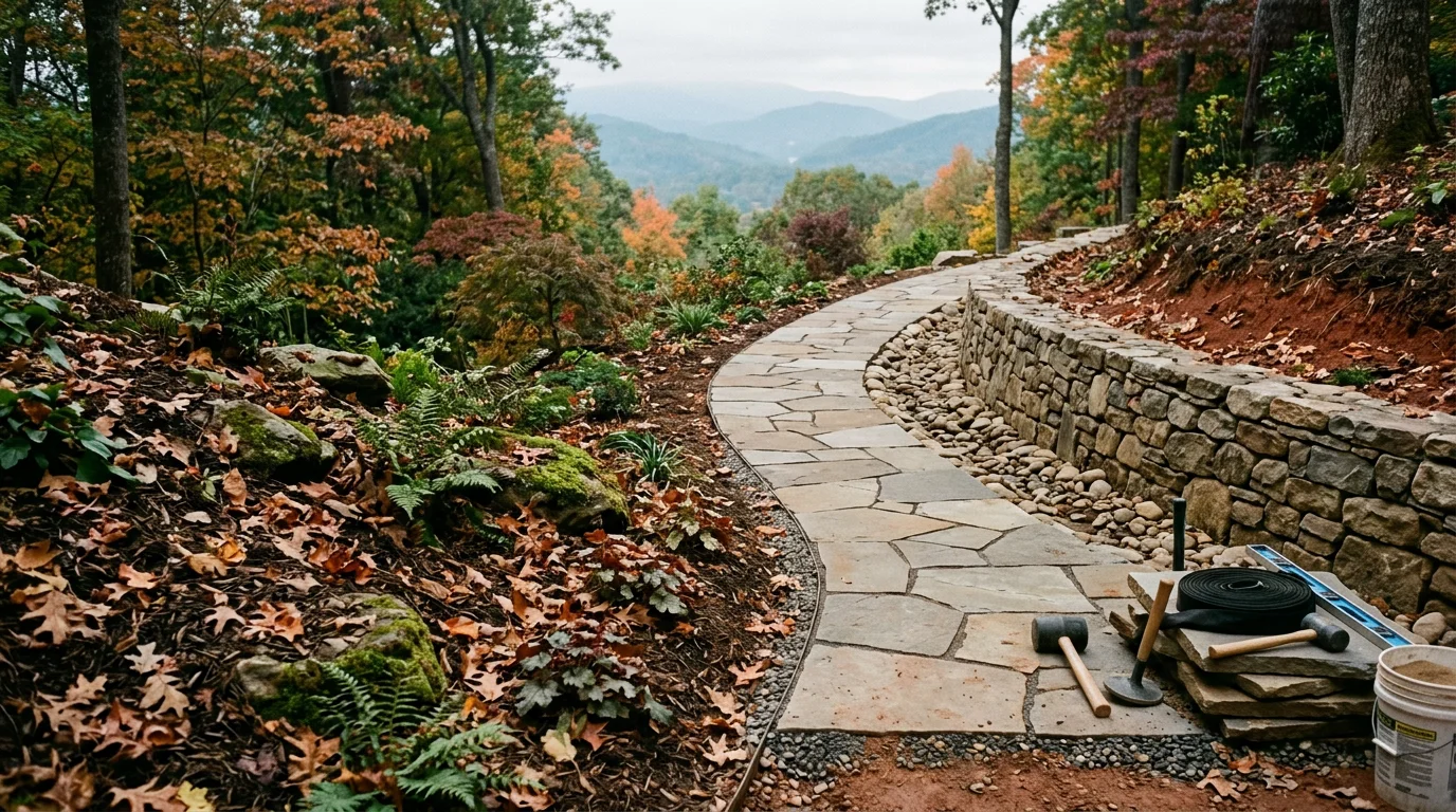 Completed hardscape installation on a sloped residential lot in Asheville, North Carolina, showing stone walkway steps and structured outdoor surfaces surrounded by mountain terrain.