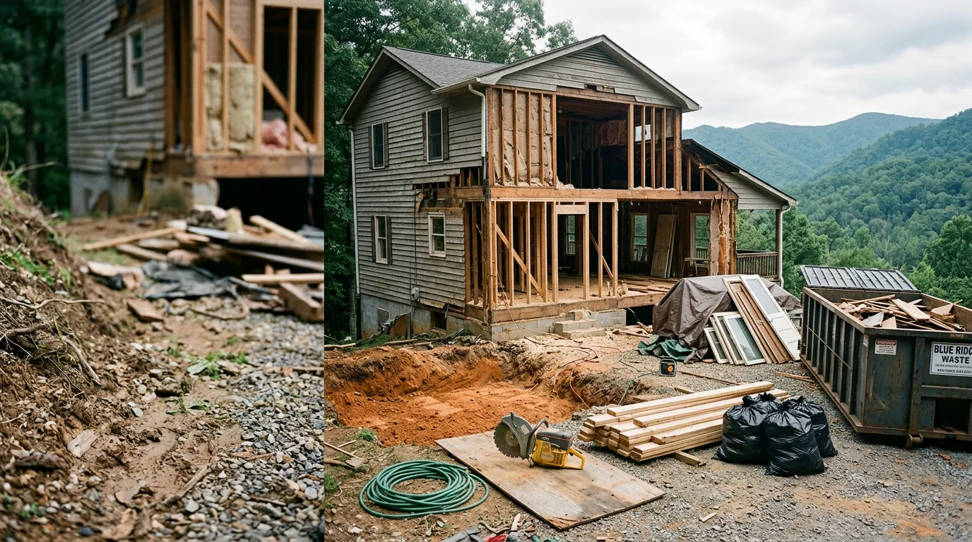 A residential lot in Asheville, North Carolina after full home demolition, showing a cleared foundation on a sloped mountain terrain site with debris removed and the site prepared for new construction.