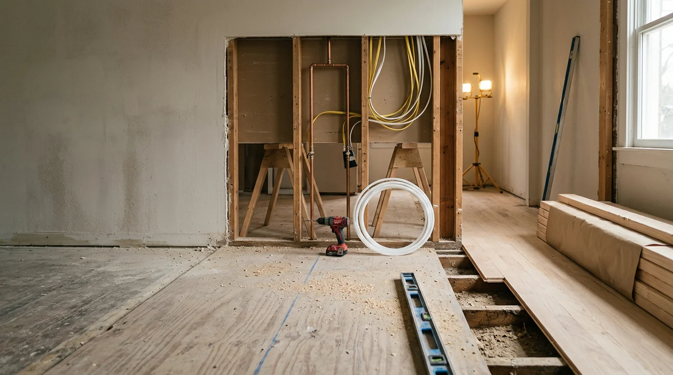 A remodeled interior living space in an Asheville, North Carolina home showing updated finishes and an open layout. The renovation reflects work done on an older Western North Carolina property.