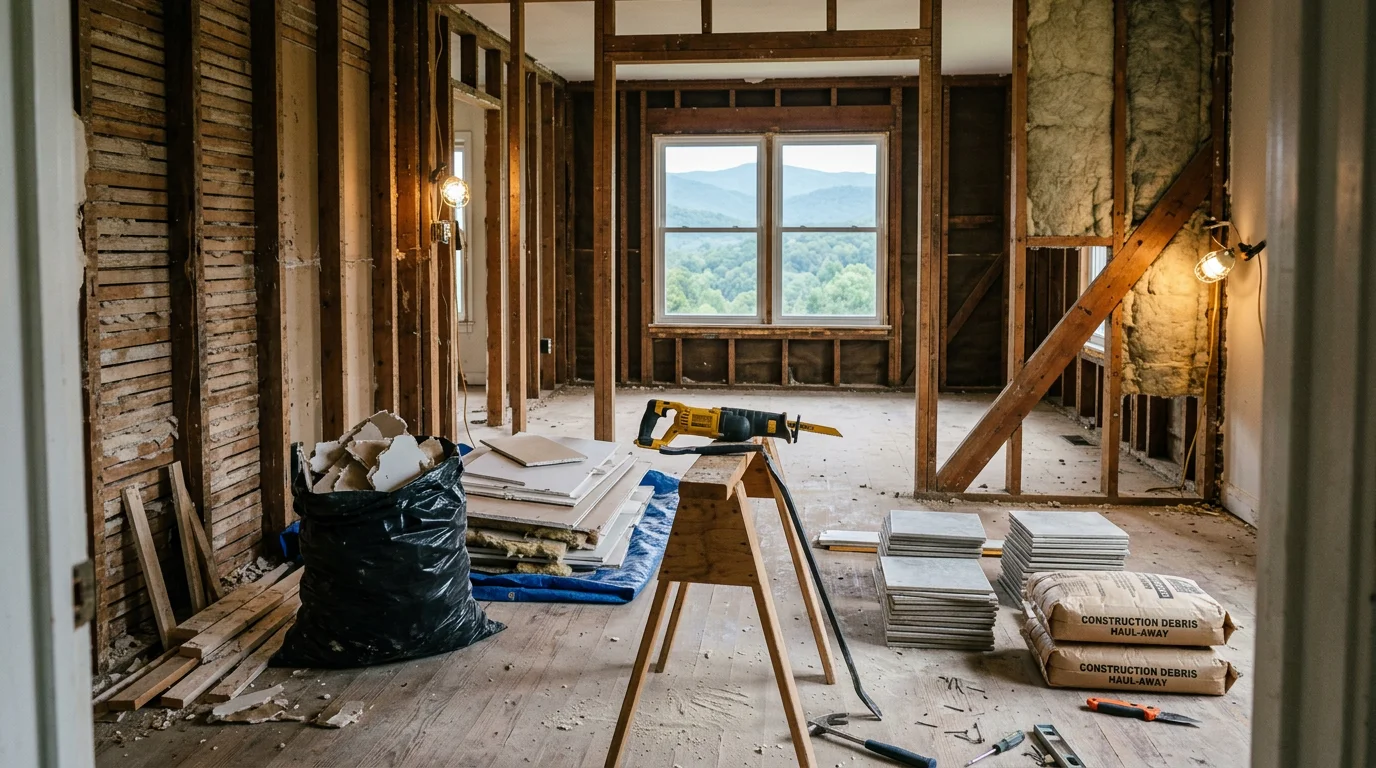 Interior of an Asheville, North Carolina home mid-demolition with drywall removed from walls and flooring stripped down to the subfloor. Exposed framing and cleared debris show a gutted room ready for remodeling.