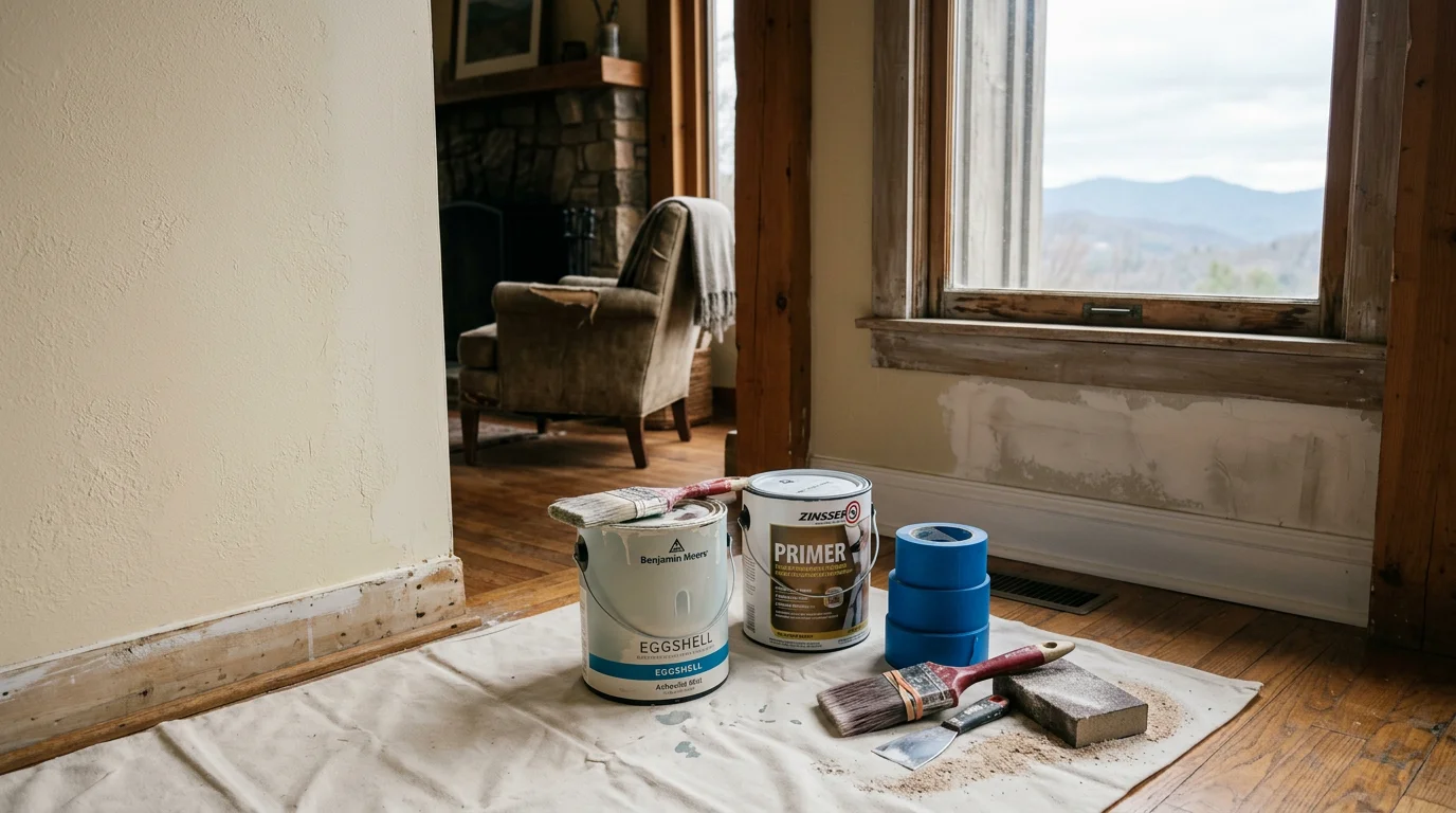 Freshly painted interior living room walls in an Asheville, North Carolina home, showing clean trim lines and an even eggshell finish on the walls. A painter's drop cloth covers the hardwood floor near the baseboard during the project.