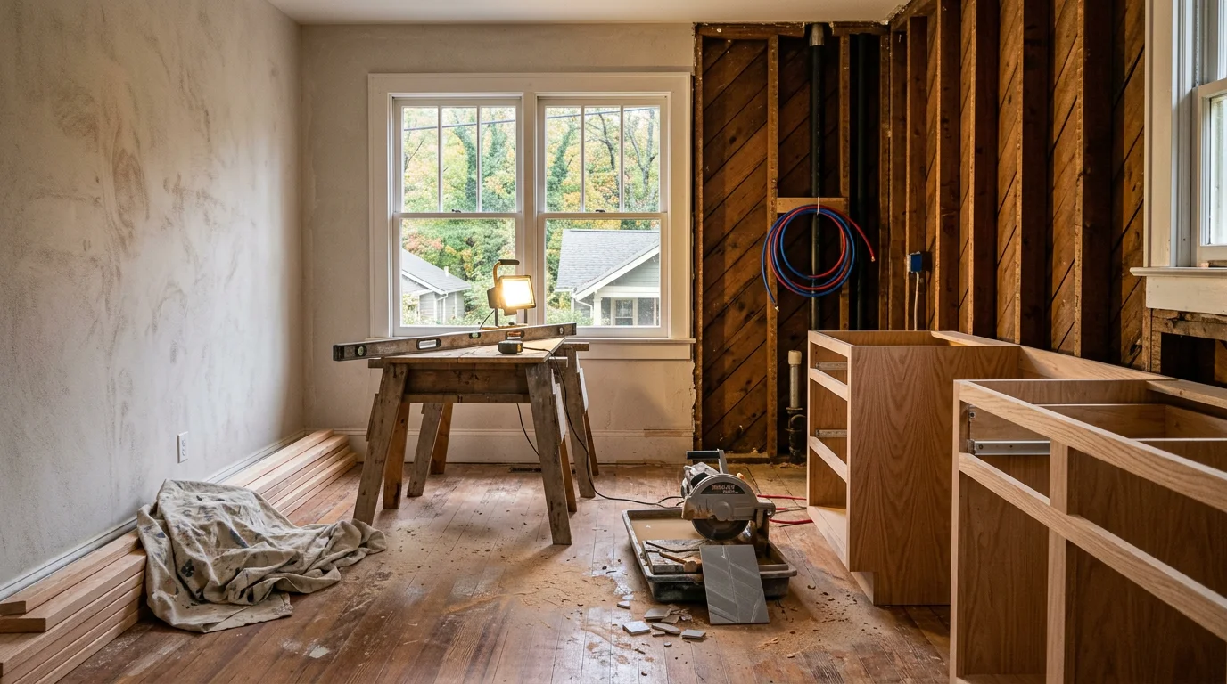 A remodeled kitchen in an Asheville, North Carolina home showing new cabinetry, updated countertops, and recessed lighting. The finished space reflects the kind of full kitchen renovation Red Stag Contracting completes for local homeowners.