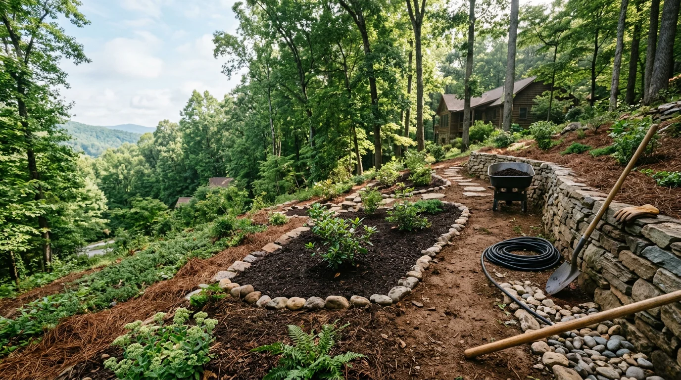 A landscaped residential yard in Asheville, North Carolina featuring native plantings, mulched garden beds, and groundcover on a sloped lot. The design uses layered shrubs and low-maintenance plants suited to the mountain terrain and clay soil common across Buncombe County.