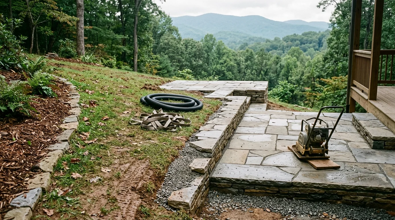 A finished stone patio installed on a sloped residential lot in Asheville, North Carolina, with tiered levels and natural surface materials suited to mountain terrain. The patio includes a seating area oriented toward a wooded backyard typical of Western North Carolina properties.