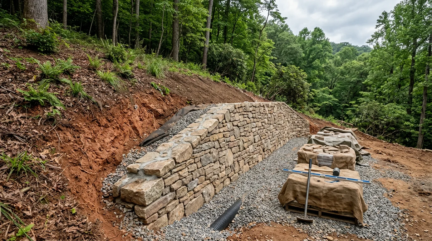 A newly constructed retaining wall on a sloped residential property in Asheville, North Carolina, holding back a hillside and creating level ground along the yard. The wall runs along a graded embankment with structured soil behind it and cleared, flat space in front.