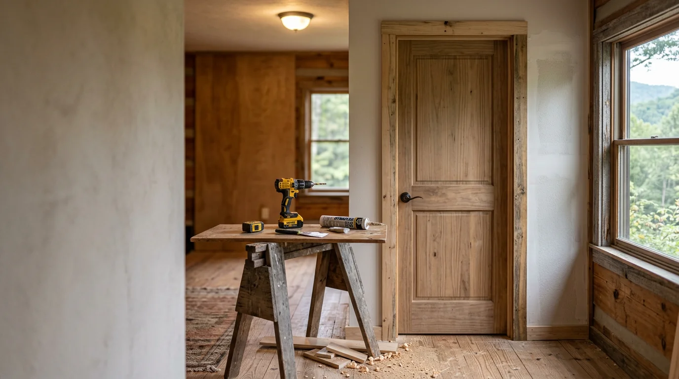 A repaired interior wall in an Asheville, North Carolina home showing a smooth drywall patch blended into the surrounding surface. A handyperson's tools rest nearby on a drop cloth inside a wood-framed residential room.